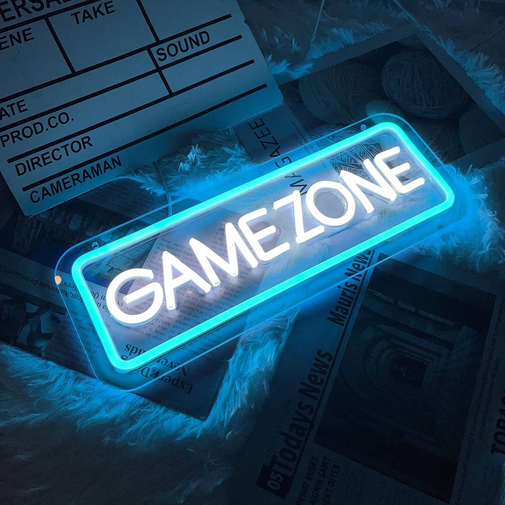 Rectangular neon sign reading GAME ZONE, ice blue and white glow