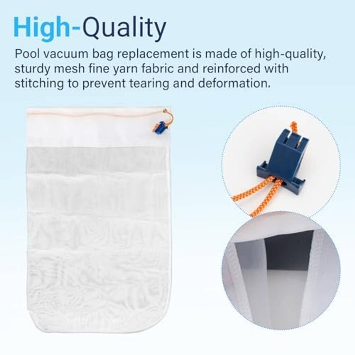 White mesh pool vacuum filter bag with orange-and-blue reinforced drawstring top