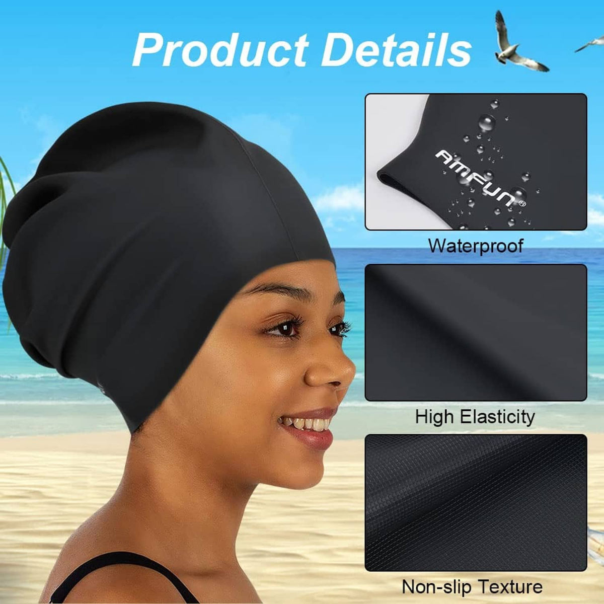 Black swimming cap close-up with water droplets, smooth elastic fabric texture.