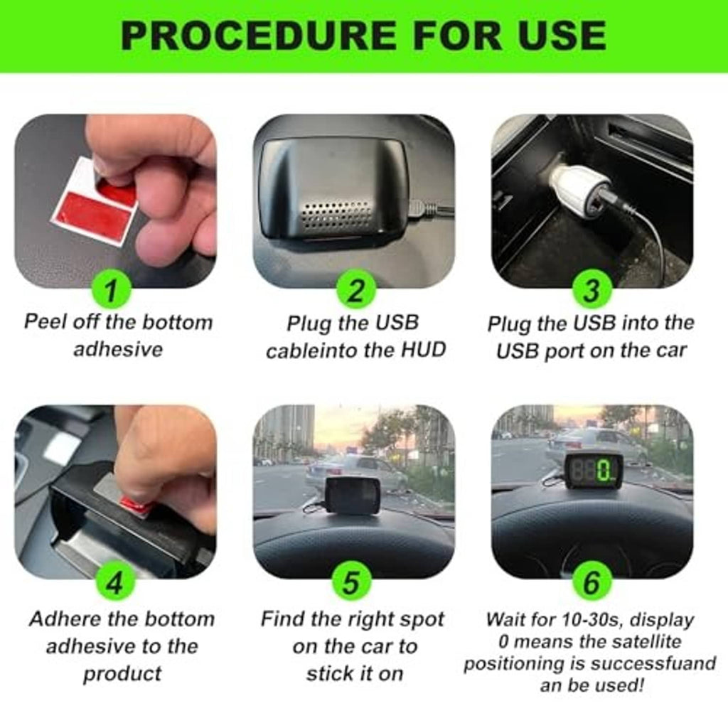 HUD speedometer kit: adhesive pads, USB cable, and white car charger plug