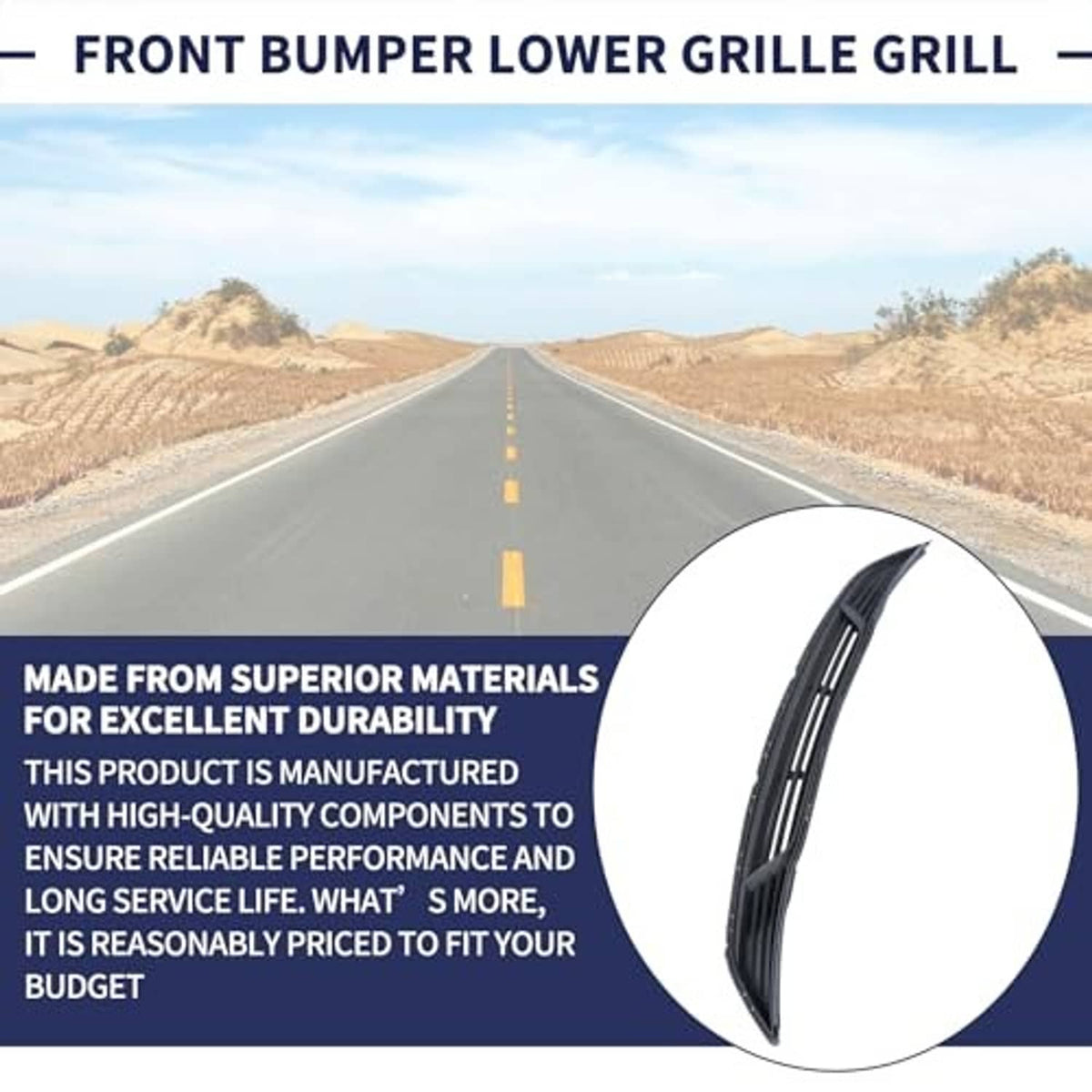 Black front bumper lower grille segment with horizontal bars and snap-in clips