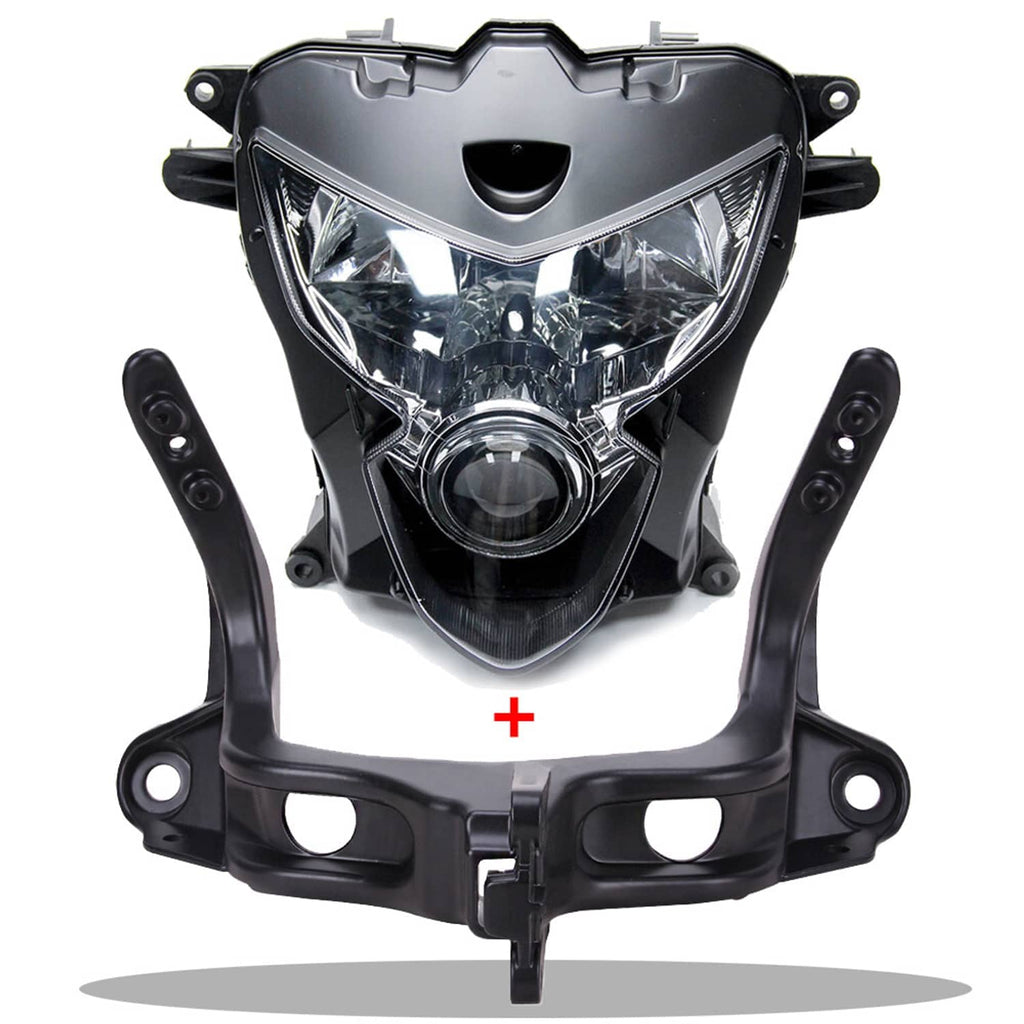 Motorcycle headlight assembly with black upper fairing stay bracket, clear lens