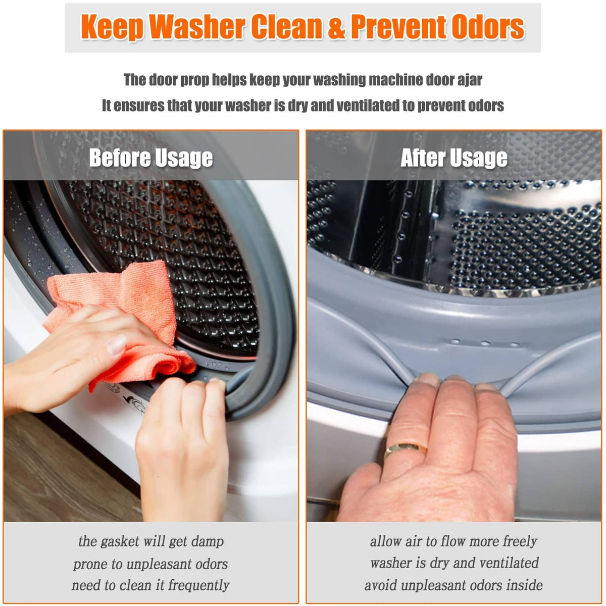 Blue magnetic front-load washer door prop with flexible hose to prop the door open.