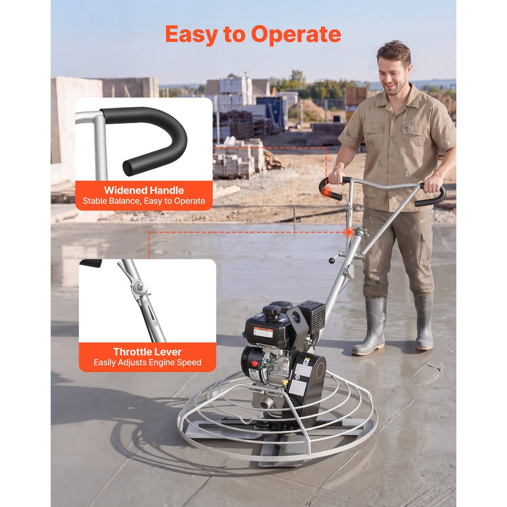 Gas concrete power trowel with wide handle and throttle lever, engine on frame