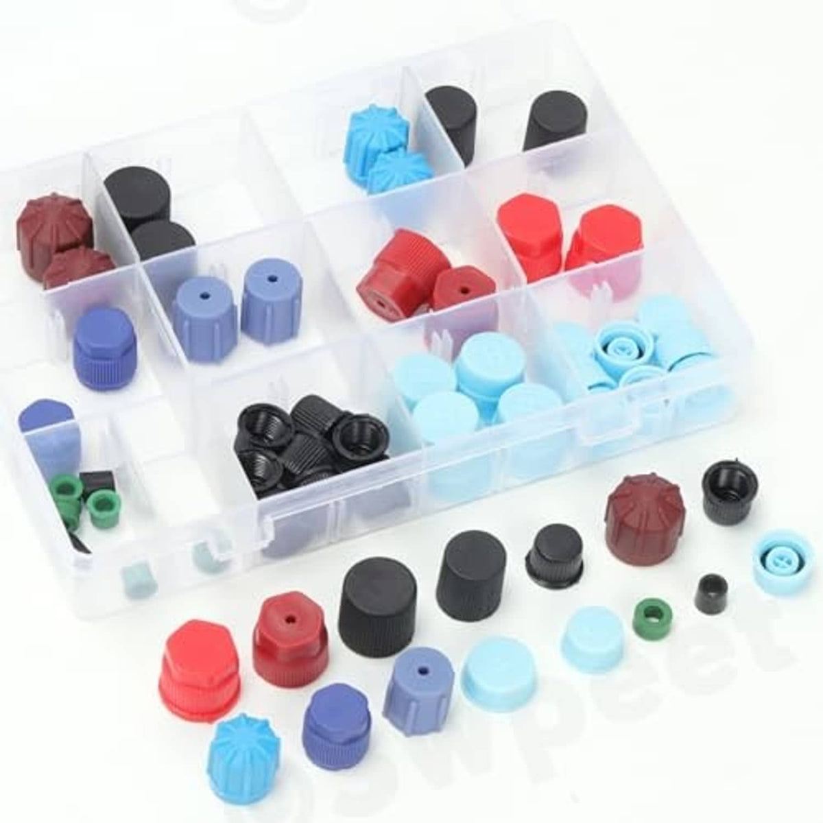 Auto A/C valve core cap set with assorted black, red, light blue, green pieces in organizer