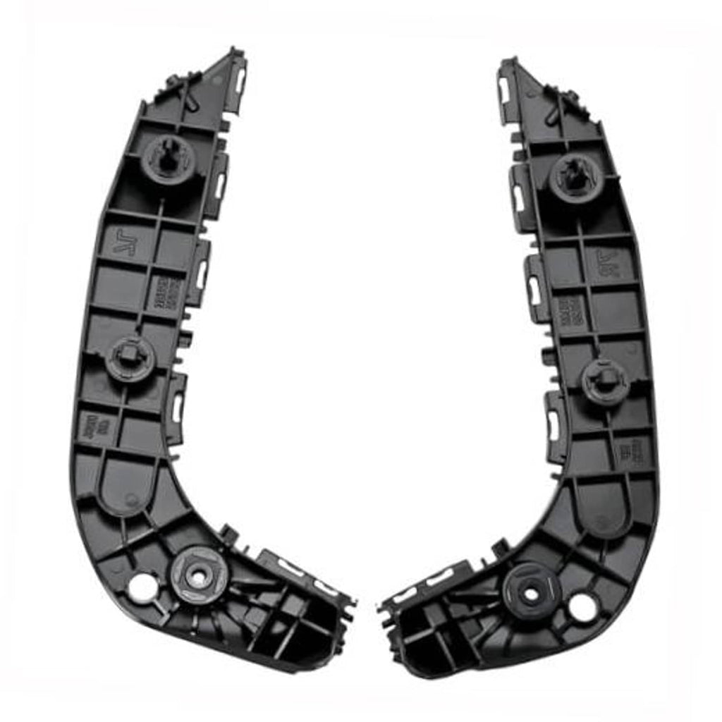 Left and right front bumper brackets, black plastic curved supports with circular mounts