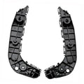 Left and right front bumper brackets, black plastic curved supports with circular mounts