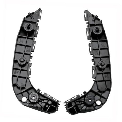 Left and right front bumper brackets, black plastic curved supports with circular mounts