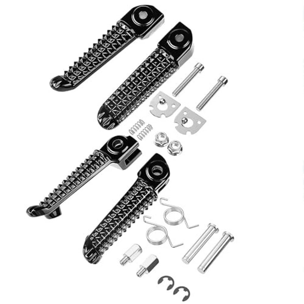 Front passenger foot peg set with anti-slip diamond grips and included mounting hardware, black
