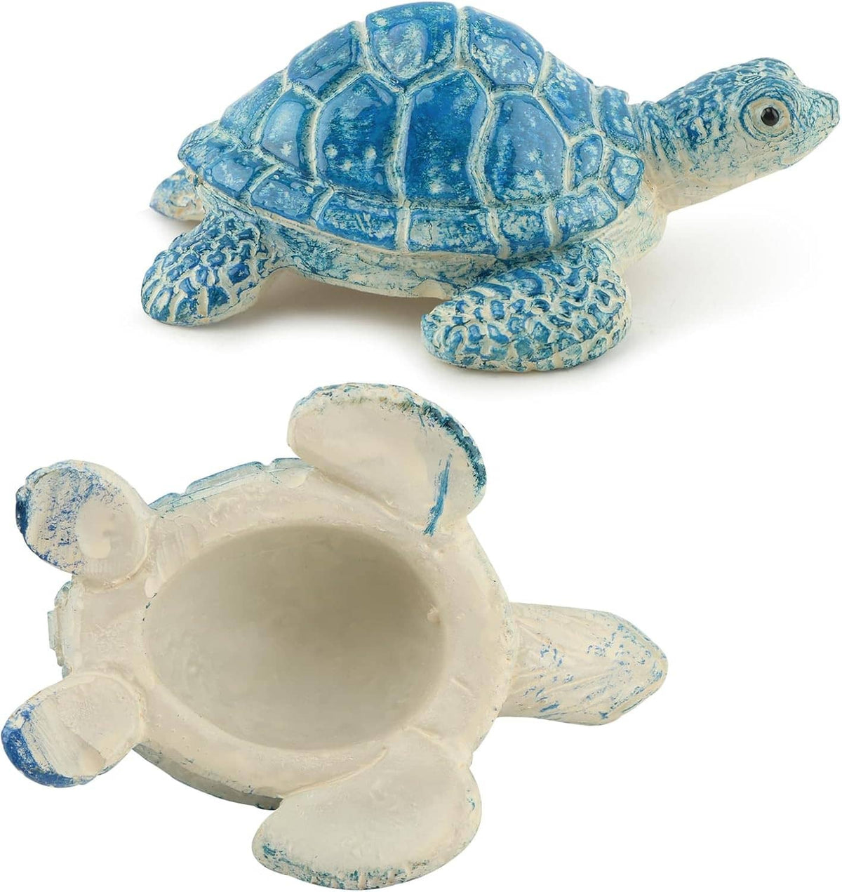 Blue turtle-shaped toilet bolt cover with hollow underside shown