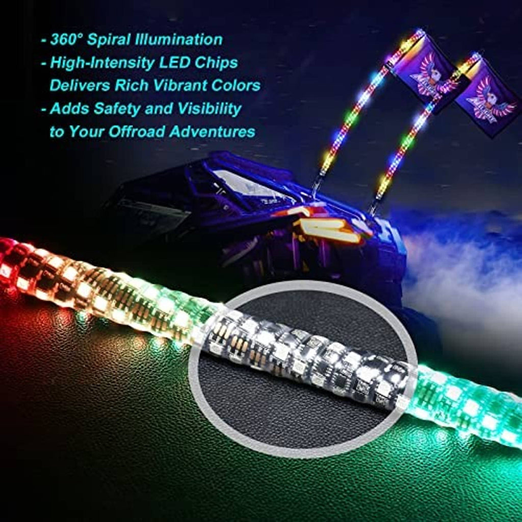 4 ft LED whip light strip with multicolor square LEDs around the spiral tube