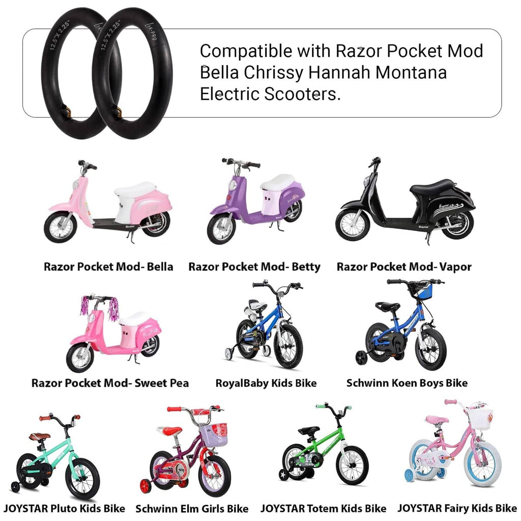 Two black scooter inner tubes with valve stems, shown with compatibility list