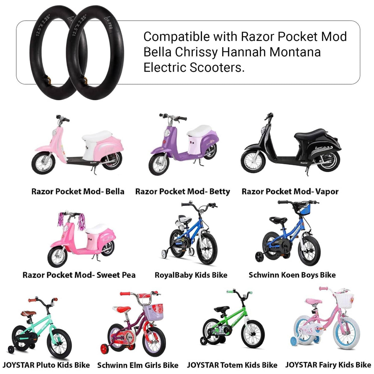 Two black scooter inner tubes with valve stems, shown with compatibility list