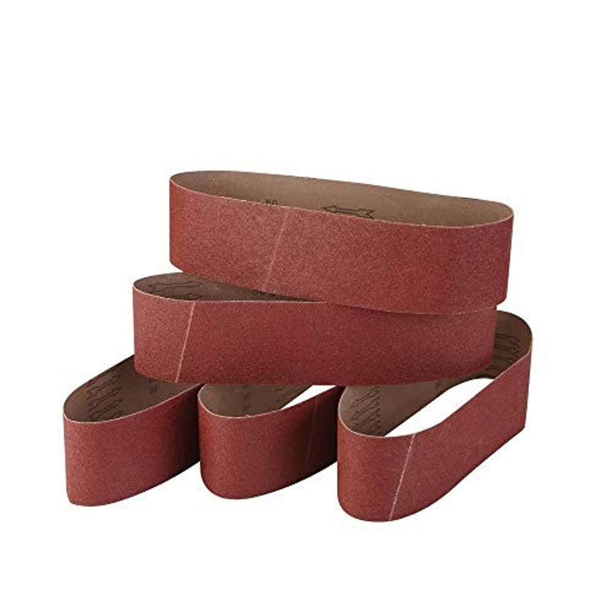 Sandpaper sanding belt set, maroon belts in a stack