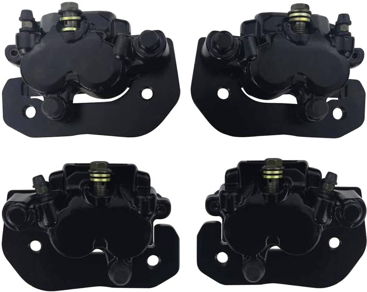 Black brake caliper set with threaded fittings and mounting brackets, four-view collage