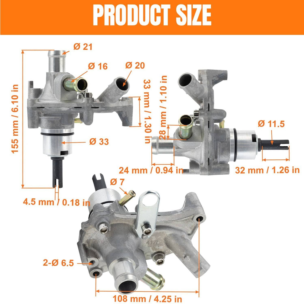 Water pump assembly size diagram with labeled dimensions and port outlines