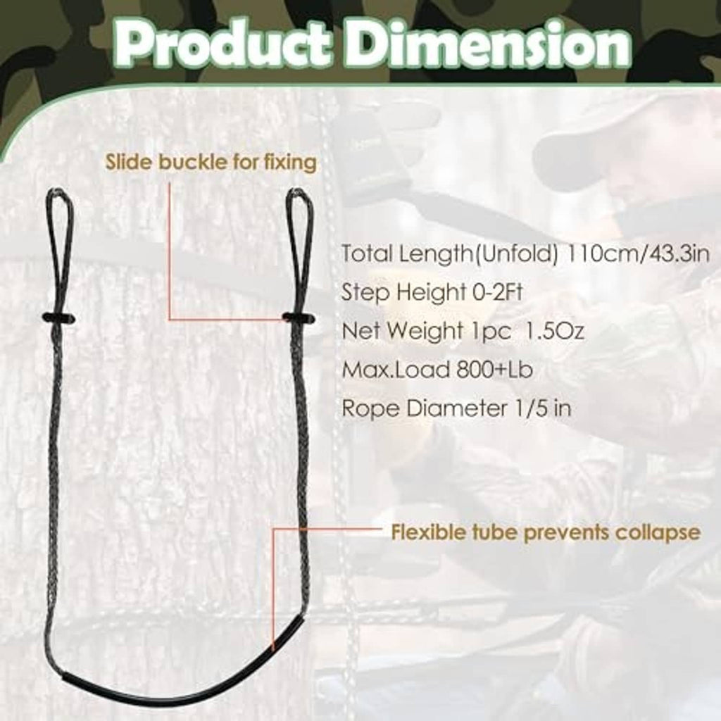 Climbing stick step aide strap with slide buckle and flexible rope step loop.