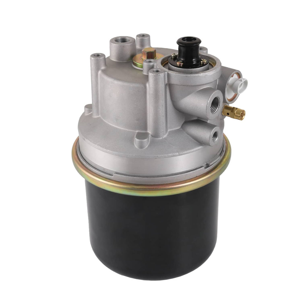 Air dryer valve assembly with black reservoir and silver top module with wiring ports