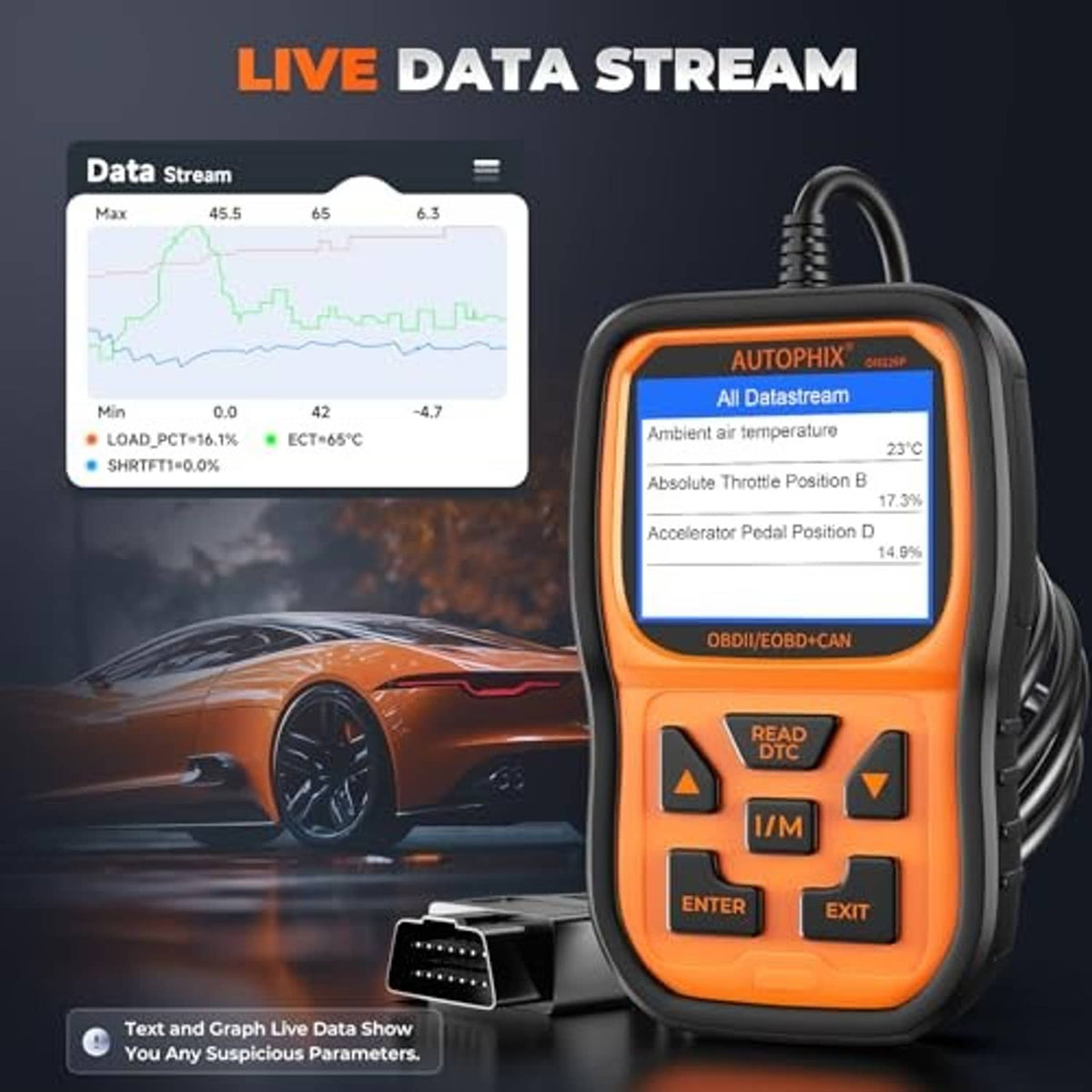 Orange OBD2 scanner on dashboard with live data screen on LCD display