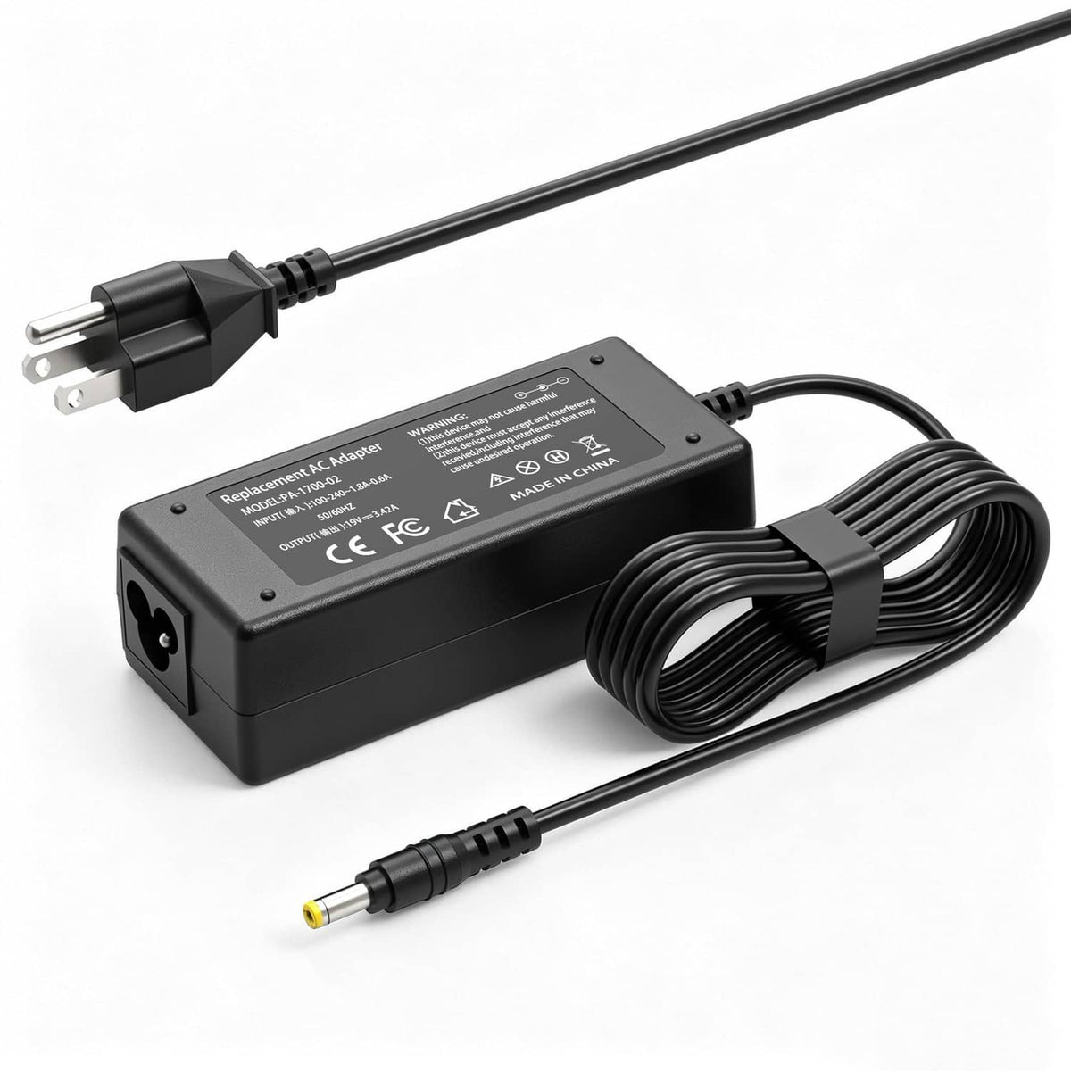 Black laptop power adapter charger with AC plug, DC barrel connector, and cable.