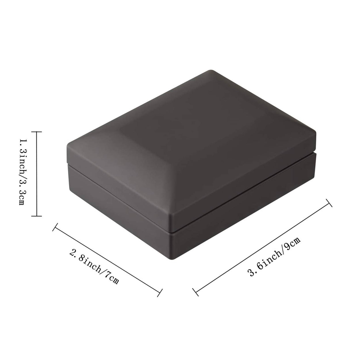Gray jewelry gift box with lid and base, with size measurements