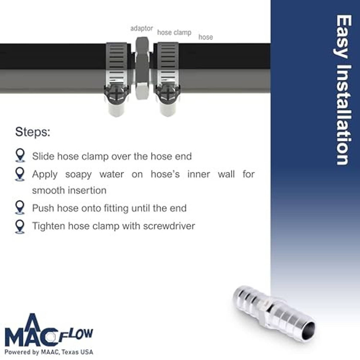 Installation steps graphic for stainless steel hose barb fitting with hose clamps