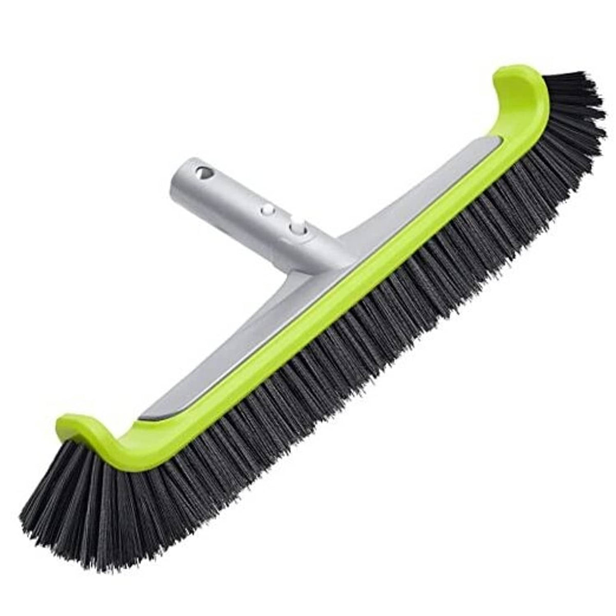 Pool wall brush head with curved edge, black nylon bristles and lime-green handle