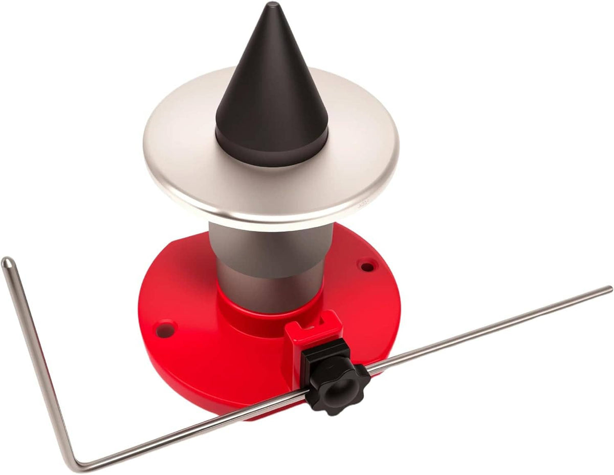 Magnetic lawn mower blade balancer with red base, silver cone top, and two support rods