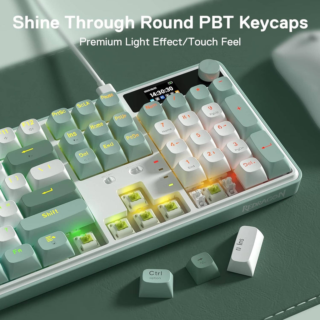 Wireless gaming keyboard with shine-through round PBT keycaps and premium light effect