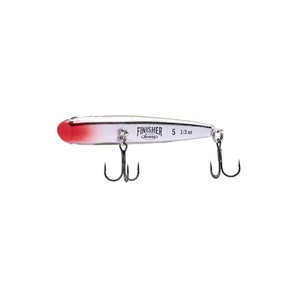 FINISHER red fishing lure with treble hooks on both ends, side label visible.