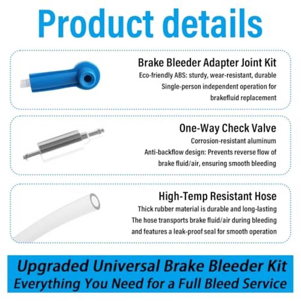 Brake bleeder adapter joint kit with one-way check valve and high-temp hose