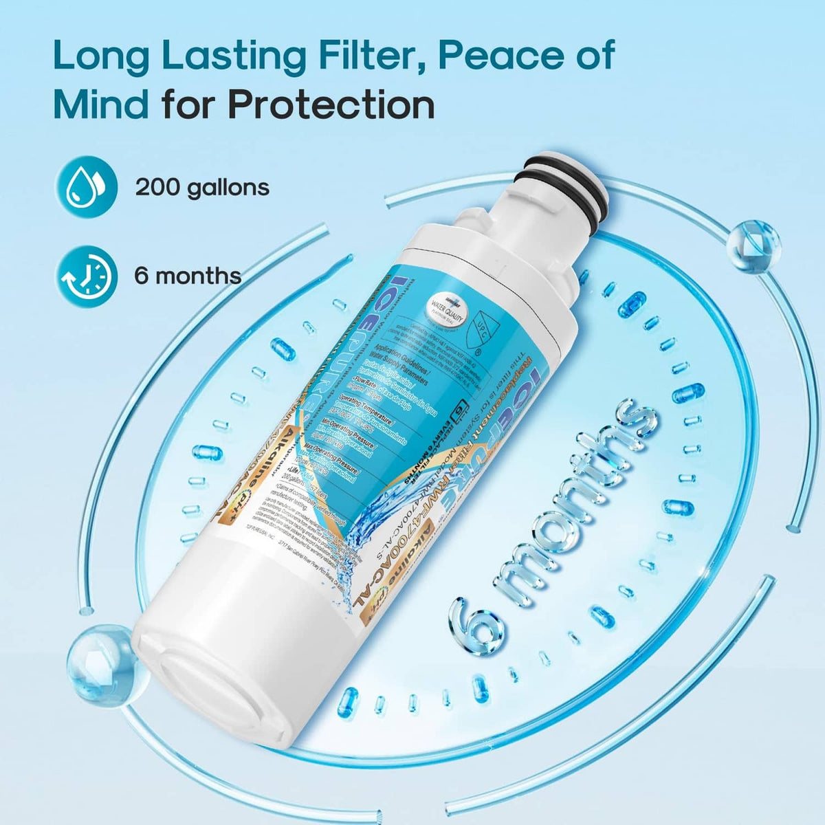 White refrigerator water filter with blue label and cap, shown with flowing water
