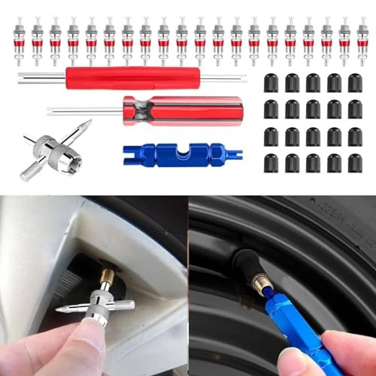 Tire valve repair tool kit set with red rod handle, chrome wrench, blue core installer, caps