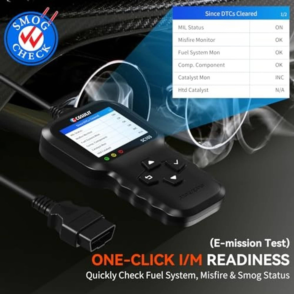 OBD2 scanner on a vehicle dashboard with smog check and status readout