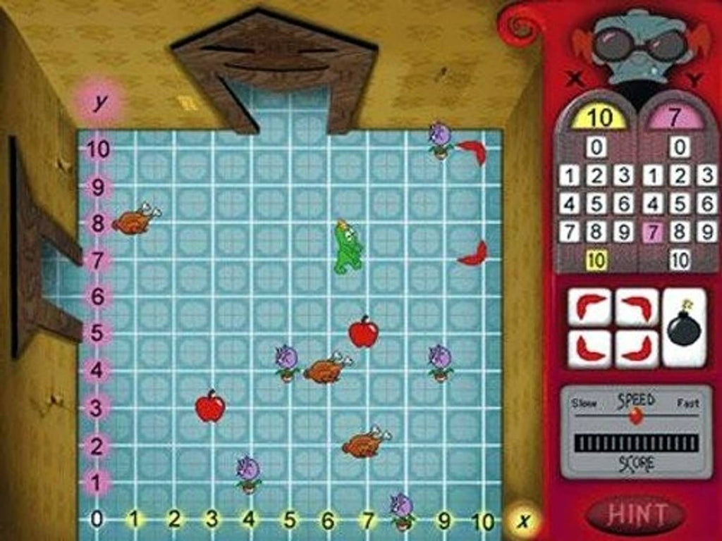 Math puzzle game screen with grid, animal pieces, and number controls