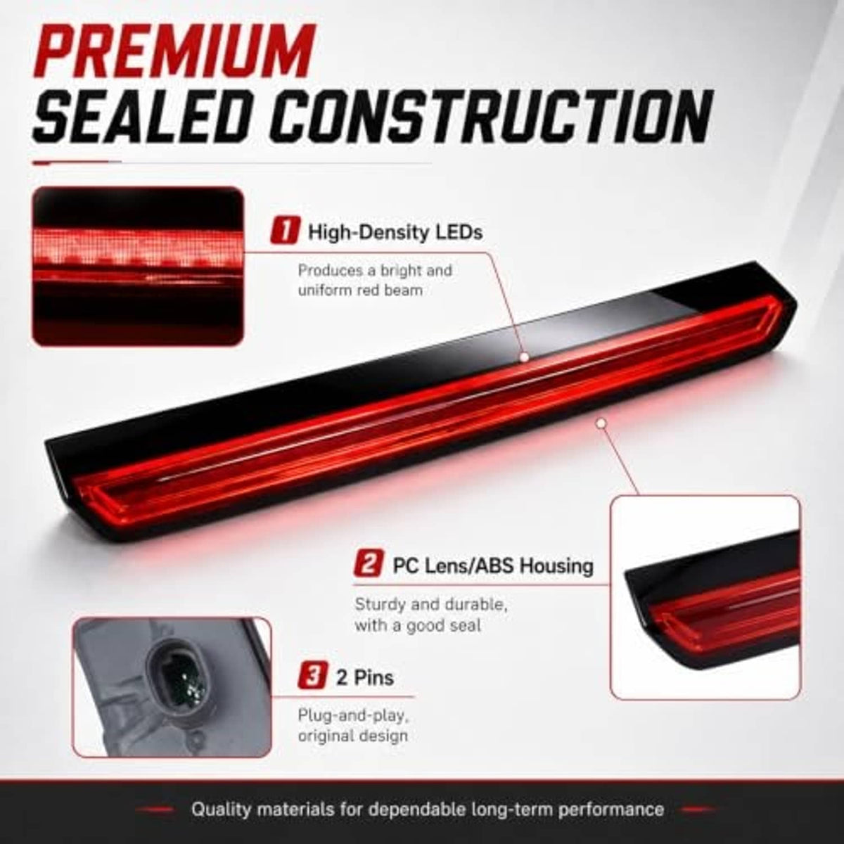 LED 3rd brake light with sealed ABS housing and red lens detail