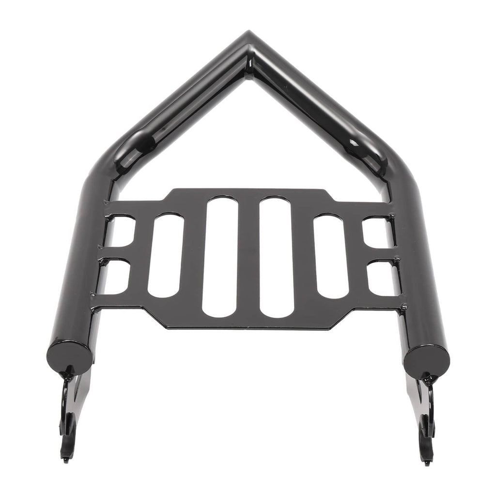 Black luggage rack frame with slotted center platform and four leg mounts
