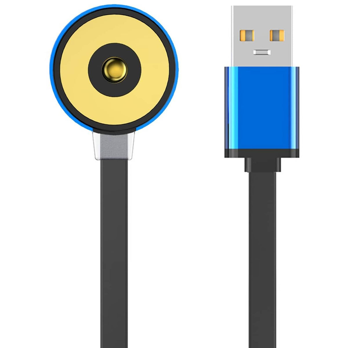 Blue USB-A to magnetic charger cable with round gold connector and black cord