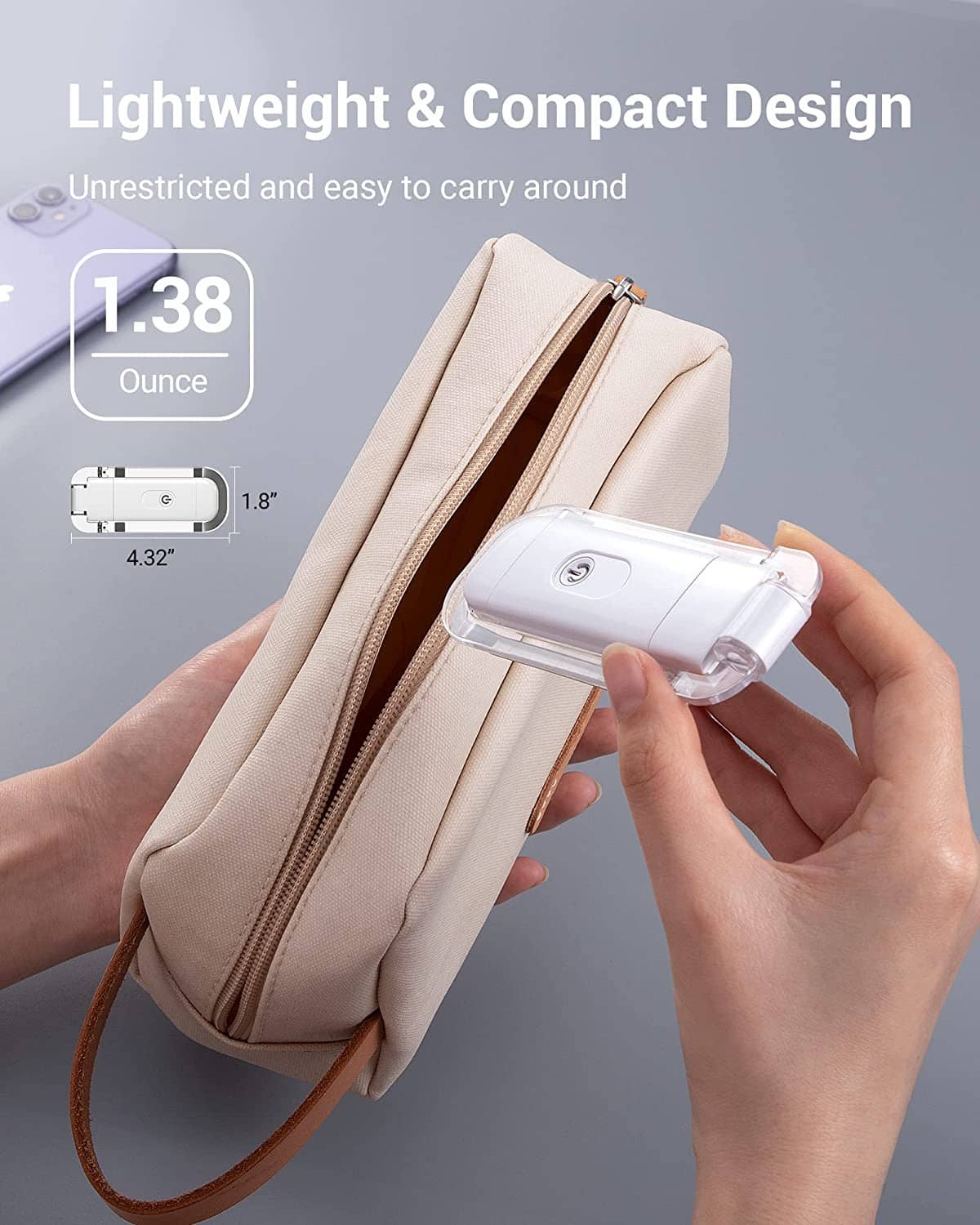 Compact white clip-on LED book light held in hand beside a small carrying bag