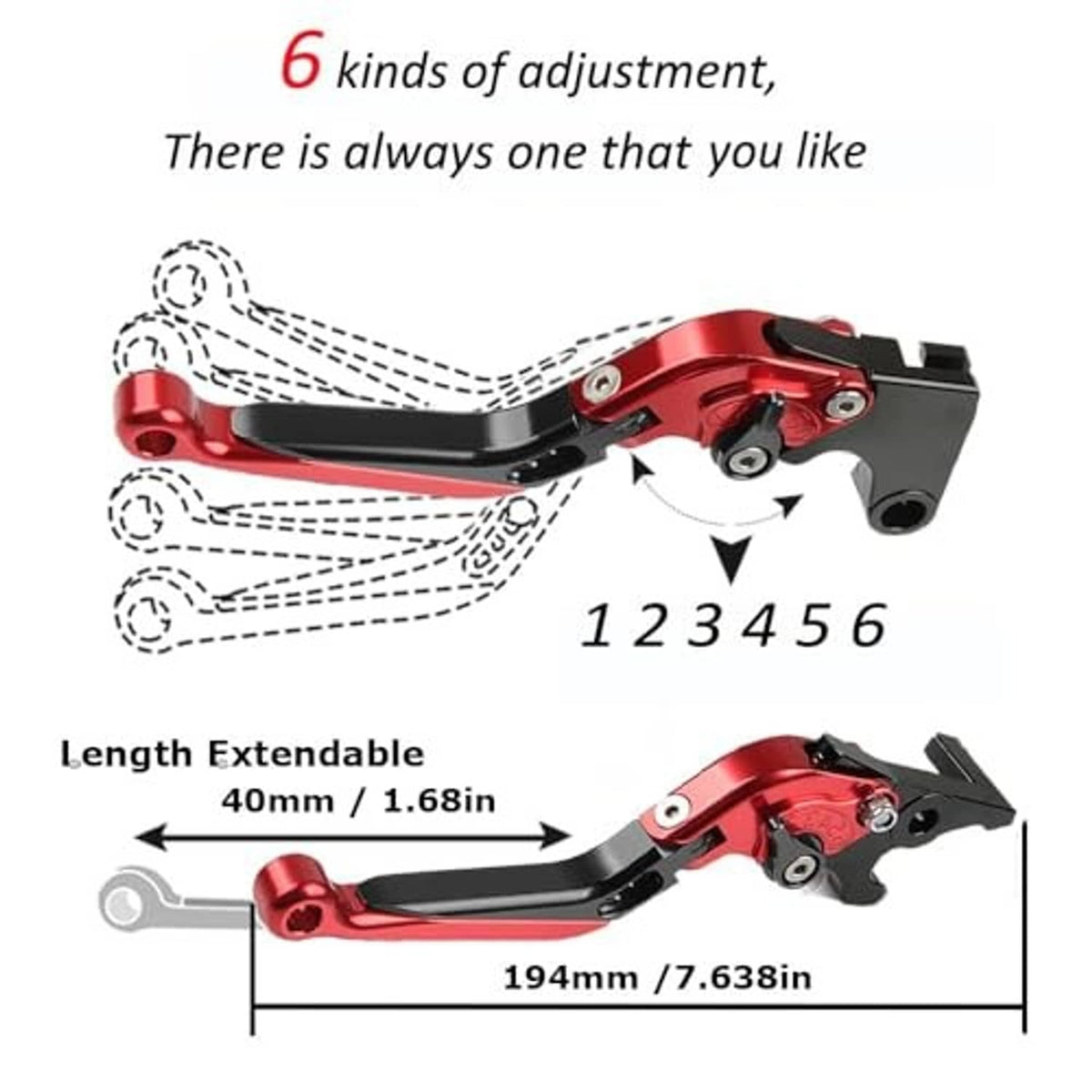 Red adjustable motorcycle brake and clutch levers with length and fold diagram