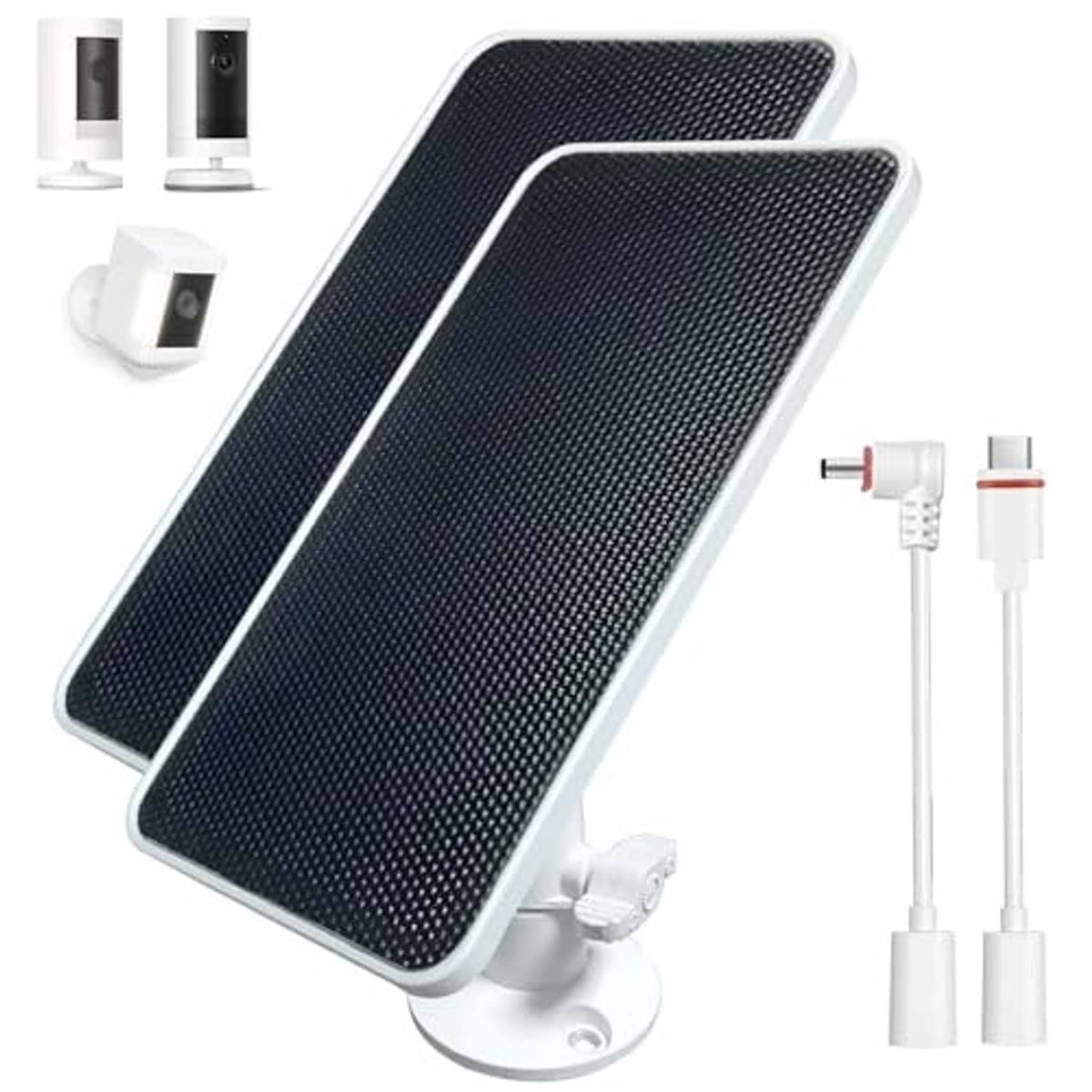 Dual-piece outdoor solar panel charger set with dark blue panels and white mounts