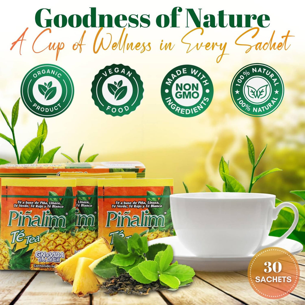 Tea sachet multipack with 30-count badge, GN+VIDA box, and wellness seal icons.