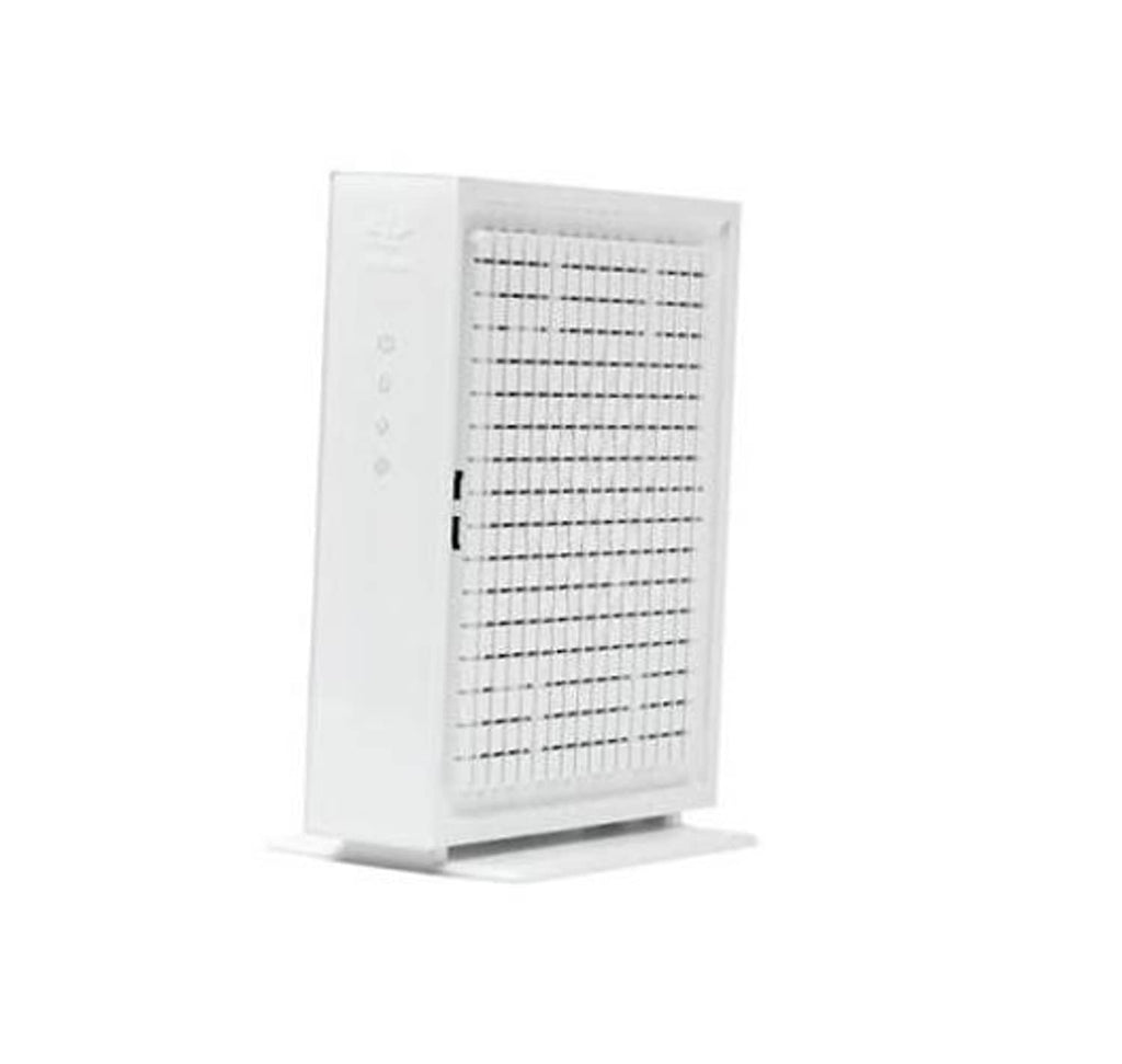 White cable modem with front vent grille and vertical desktop stand