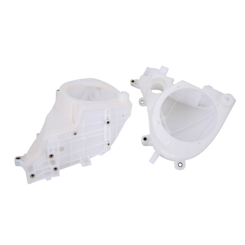 Two white speaker cover housings with visible internal ribs and round grille openings