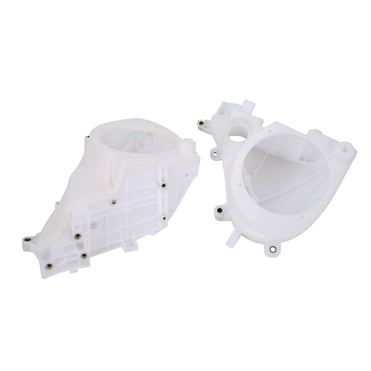 Two white speaker cover housings with visible internal ribs and round grille openings