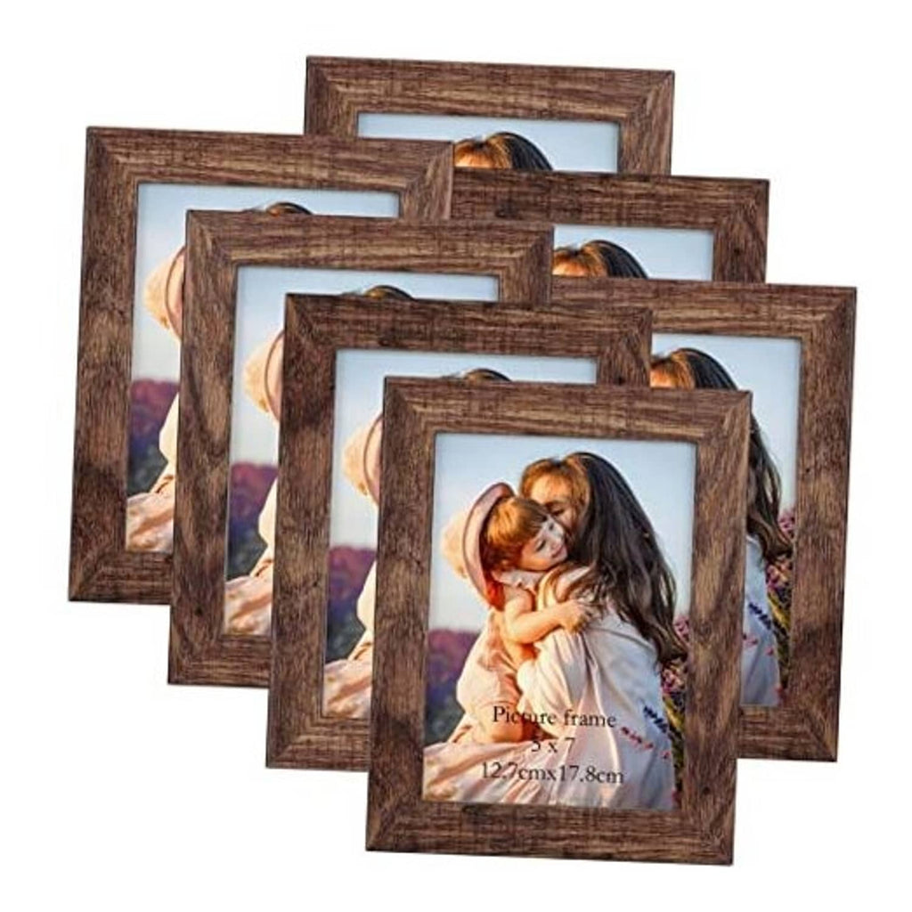 Set of 7 rustic brown picture frames with glass-ready openings for 5x7 photos
