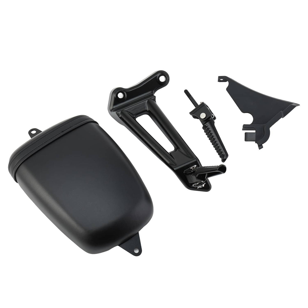 Black passenger seat pad with footpeg bracket and hardware pieces