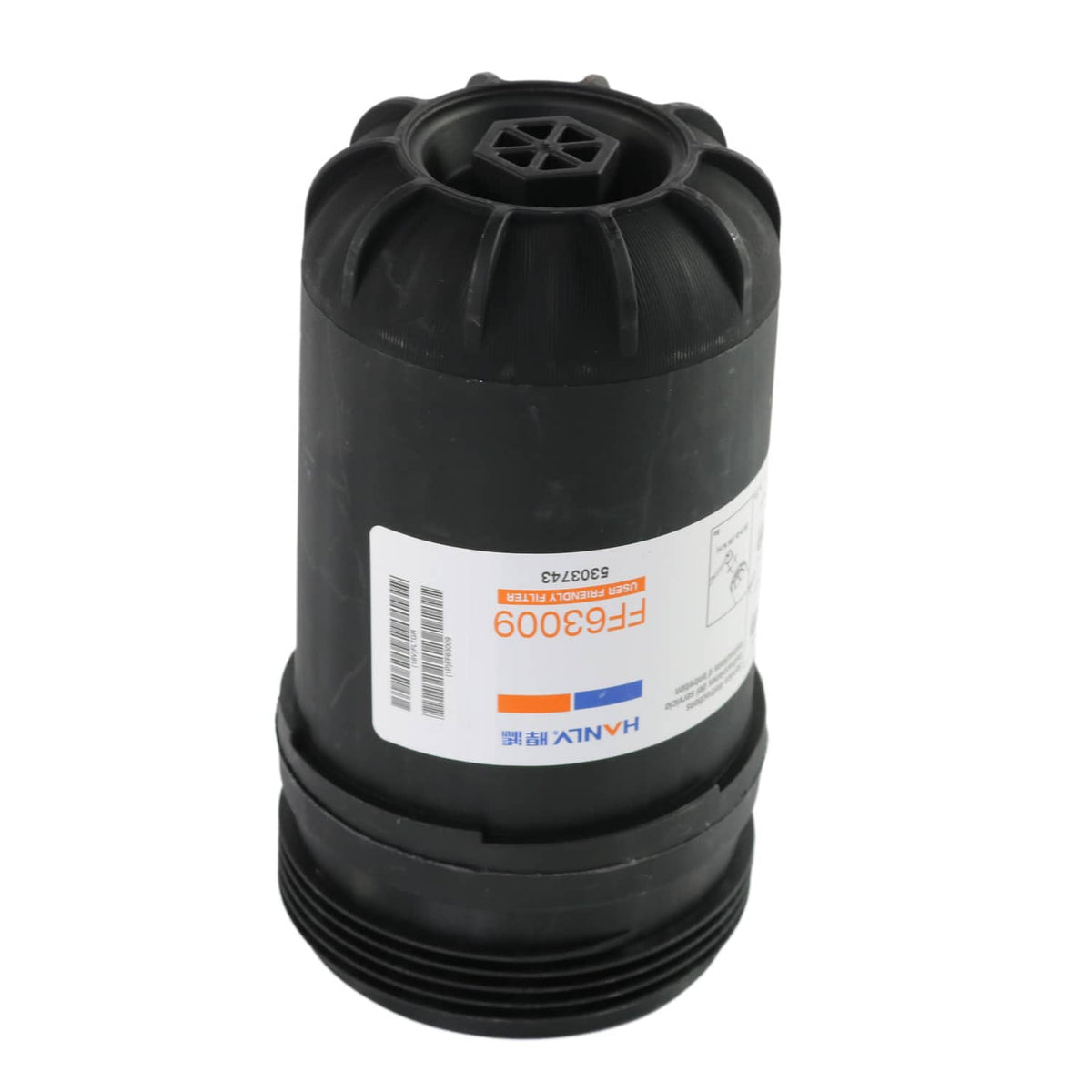 Black fuel filter with ridged base and top valve opening