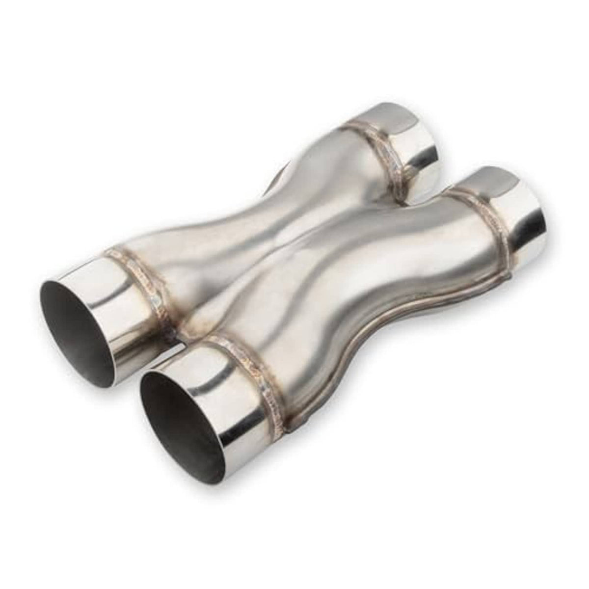 Stainless steel 3 in X-pipe exhaust section with two outlet tips and inlet flange