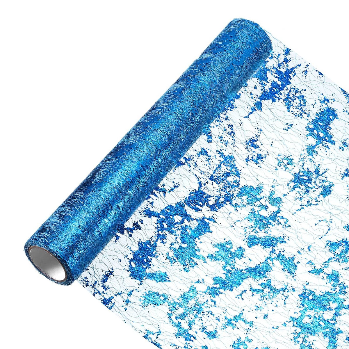 Lake blue table runner with abstract speckled map print, rolled up.